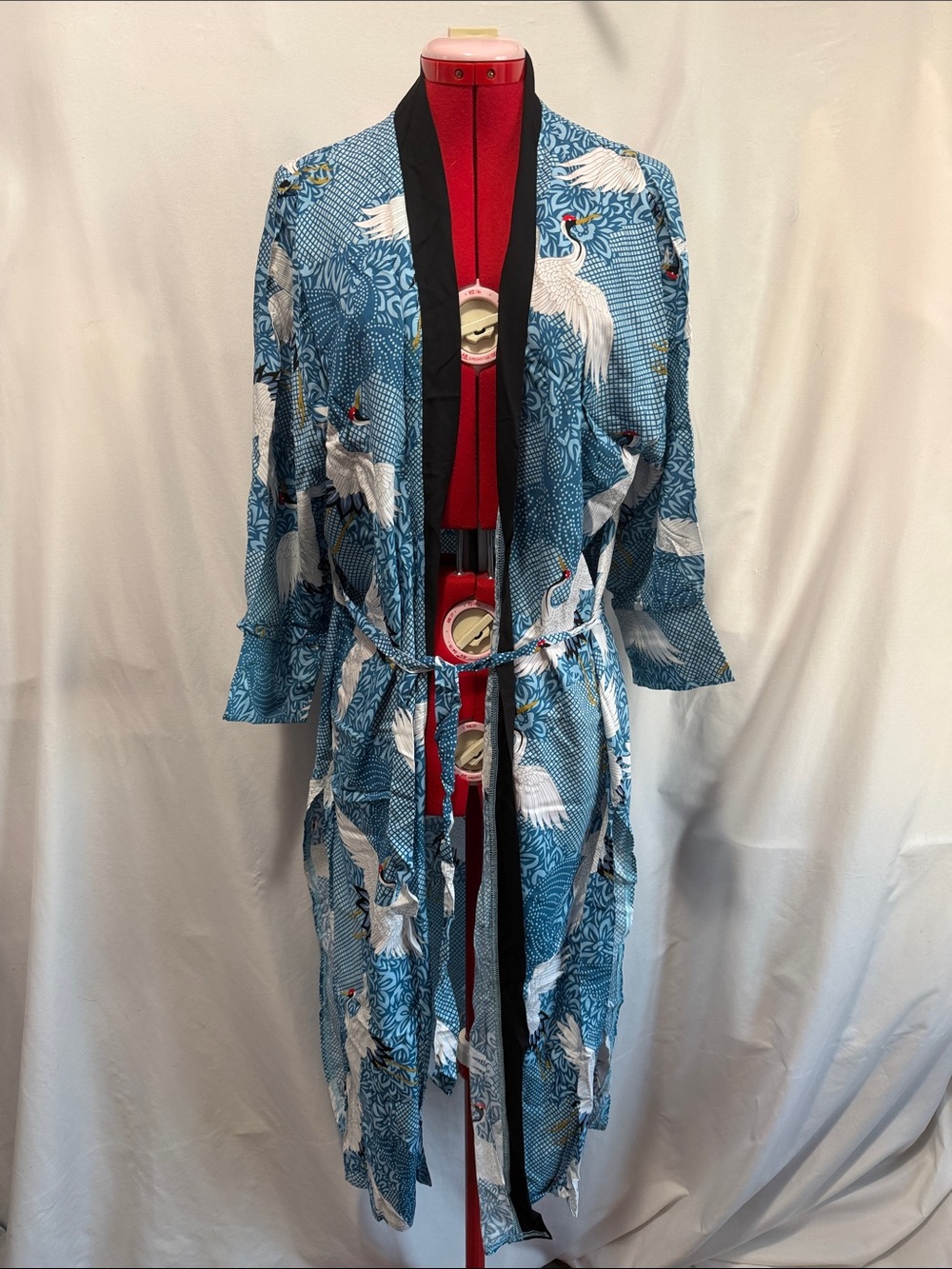 Lightweight Blue Crane Print Kimono Robe with Black Trim